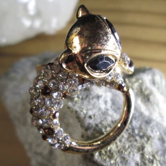 Crystal Gold Tone Adjustable Cat Ring - Picture 2 of 6